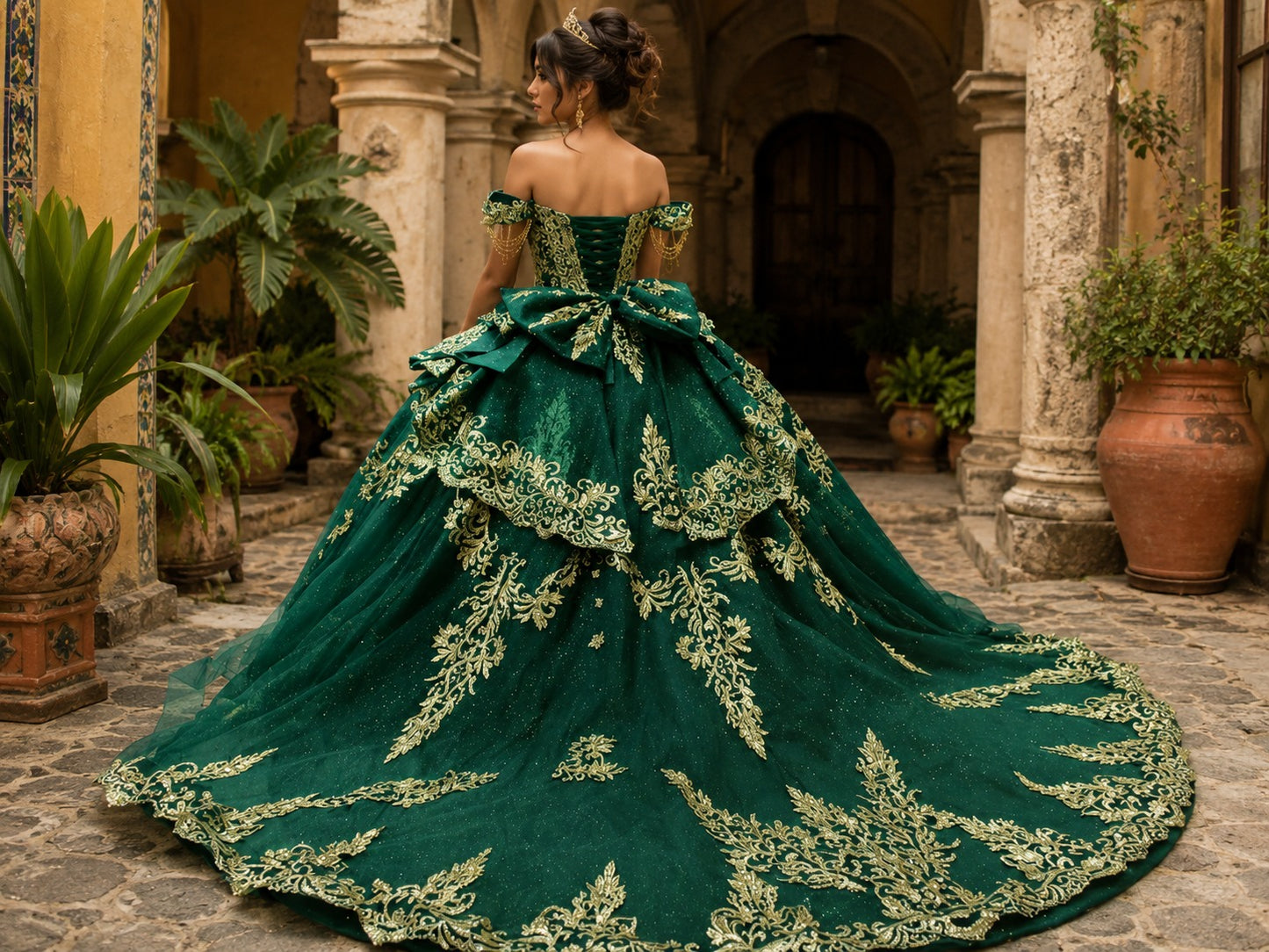 Vestido de Quinceañera Verde Esmeralda con Bordado Dorado ID600492-XV006