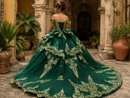 Vestido de Quinceañera Verde Esmeralda con Bordado Dorado ID600492-XV006