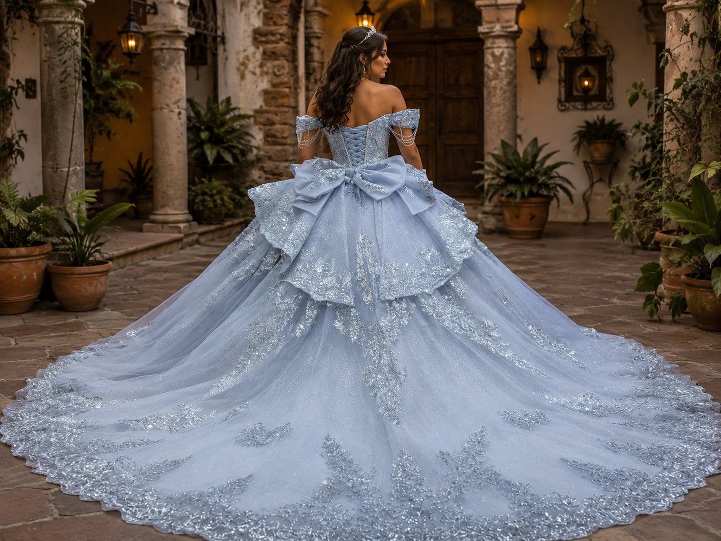 Vestido de Quinceañera Azul Cielo con Bordado Plateado ID XV009