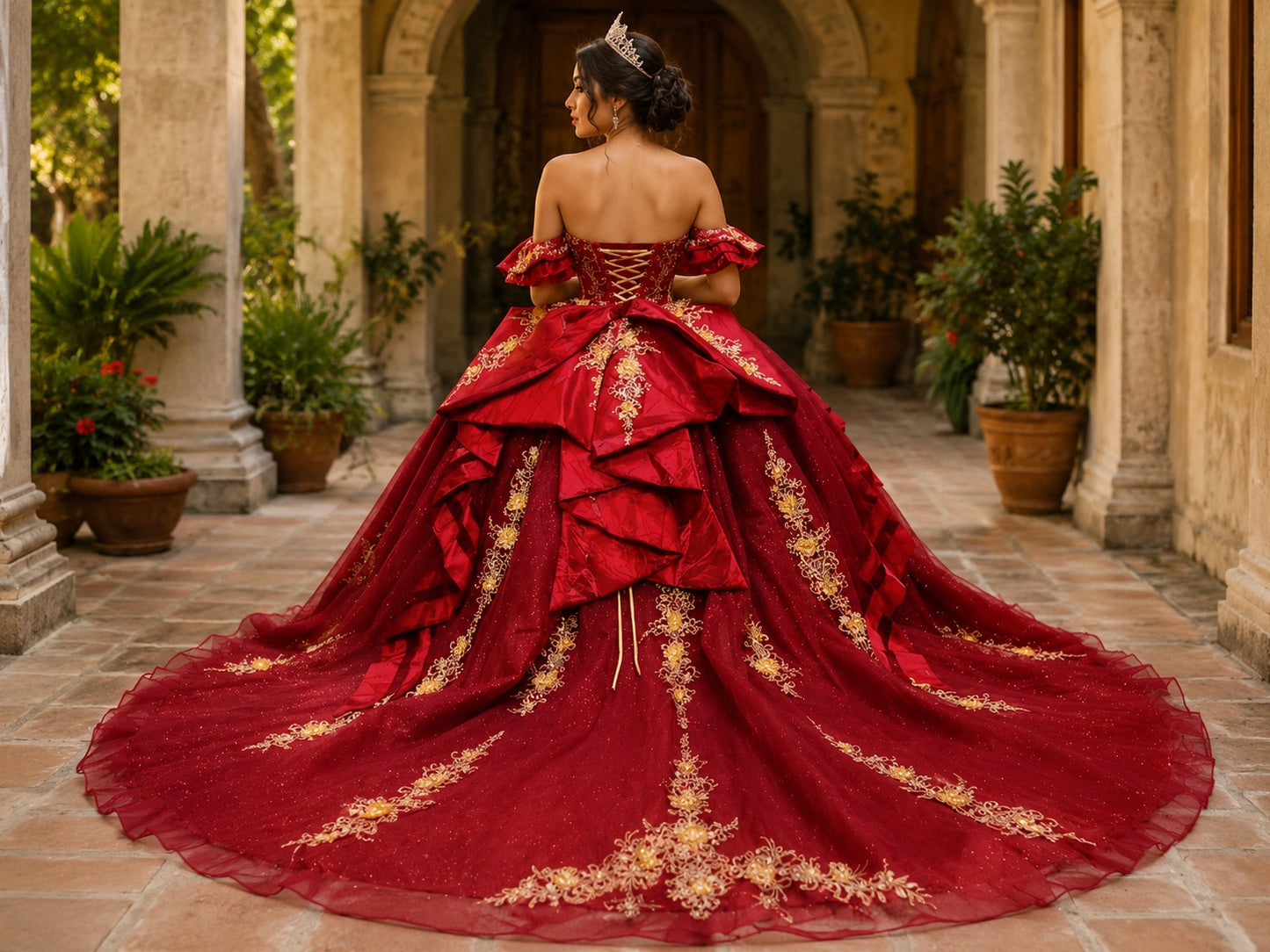 Vestido de Quinceañera Rojo Rubí con Bordado Dorado Floral ID 600492-XV011
