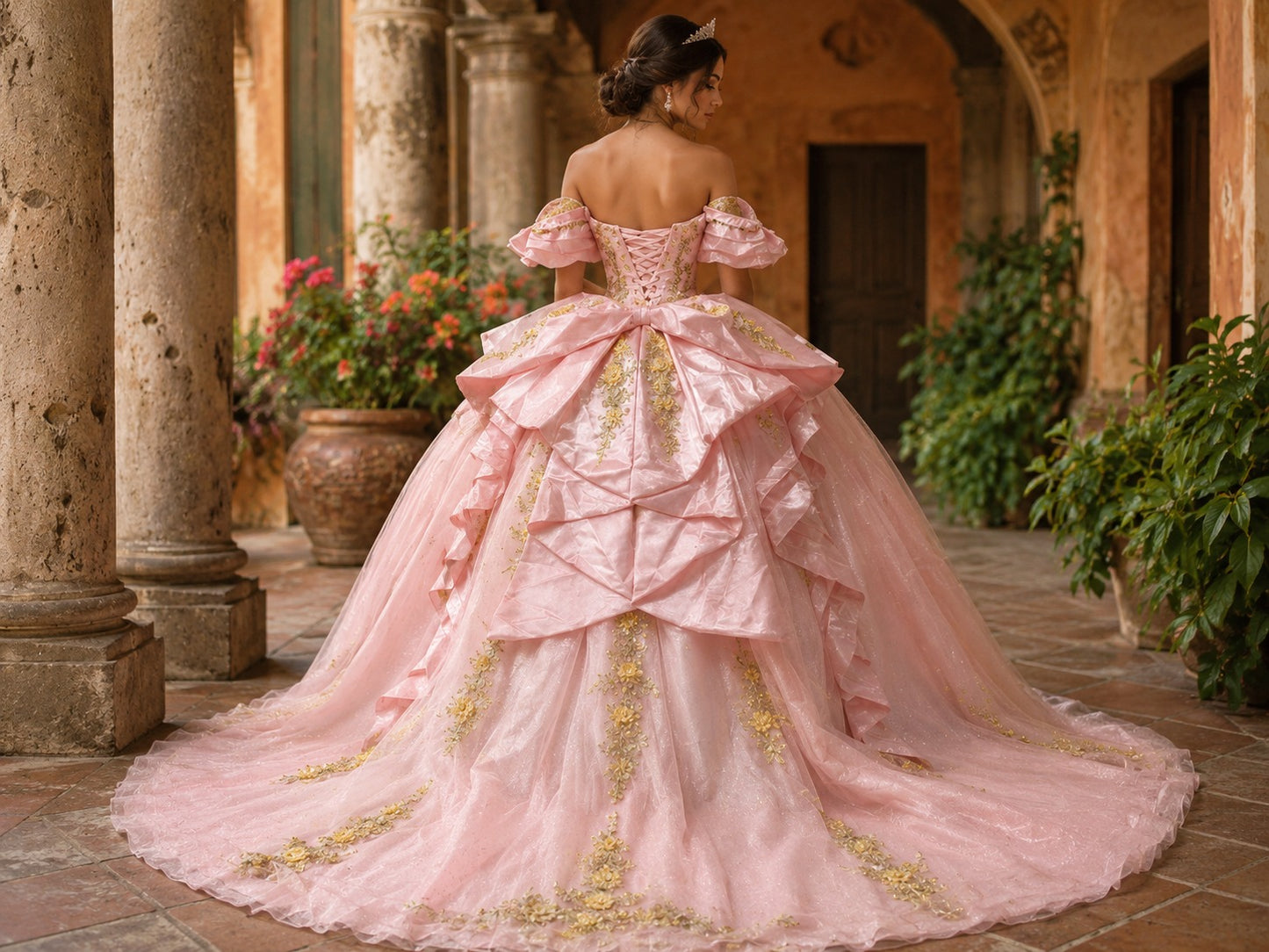 Vestido de Quinceañera Rosa Blush con Bordado Dorado Floral ID 600492-XV012