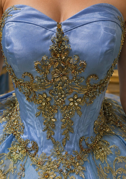 Vestido de Quinceañera Azul Cielo con Bordado Dorado Floral ID 600492-XV014