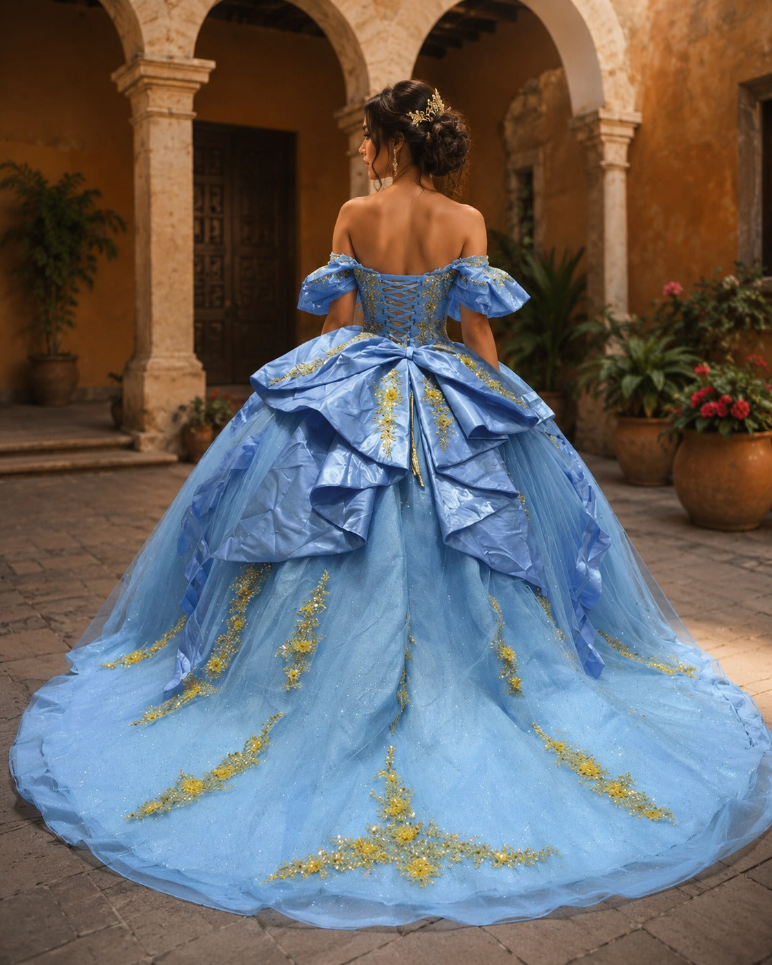 Vestido de Quinceañera Azul Cielo con Bordado Dorado Floral ID 600492-XV014