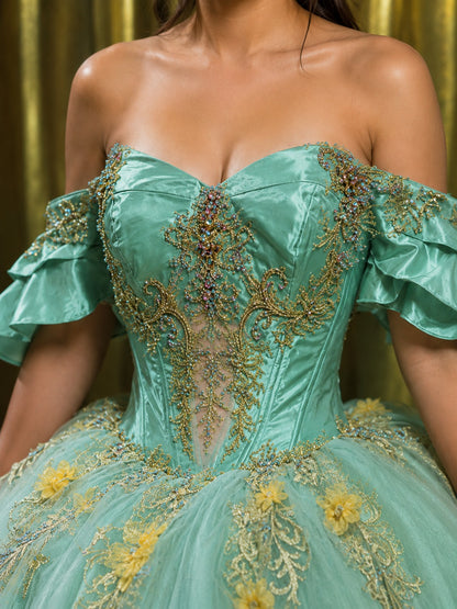 Vestido de Quinceañera Verde Menta con Bordado Dorado Floral ID 600492-XV015