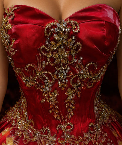 Vestido de Quinceañera Rojo con Bordado Dorado Floral ID 600492-XV016