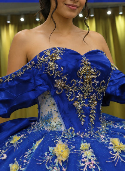 Vestido de Quinceañera Azul Rey con Bordado Dorado Floral ID 600492-XV017
