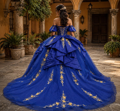 Vestido de Quinceañera Azul Rey con Bordado Dorado Floral ID 600492-XV017