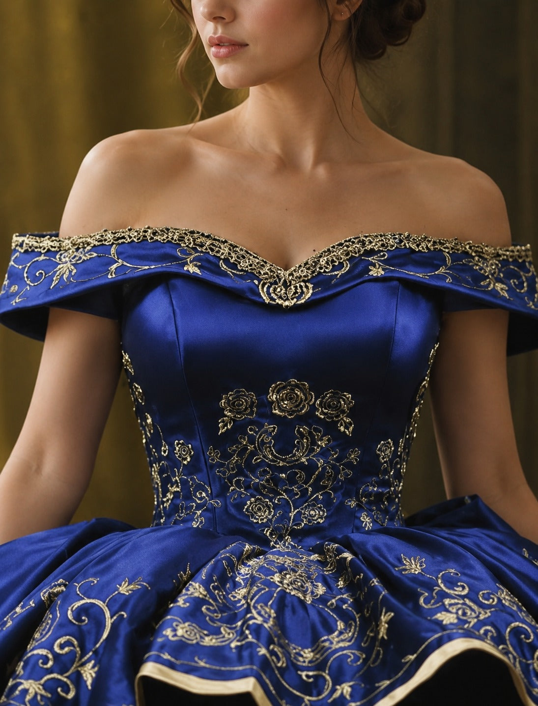 Vestido de Quinceañera Azul Rey con Falda de Olanes y Bordado Dorado ID 600492-XV019