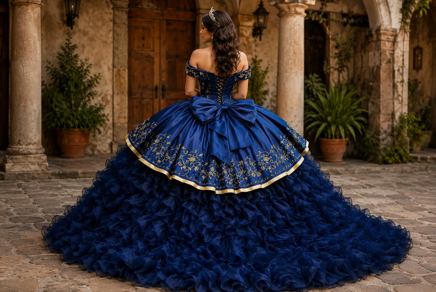 Vestido de Quinceañera Azul Rey con Falda de Olanes y Bordado Dorado ID 600492-XV019