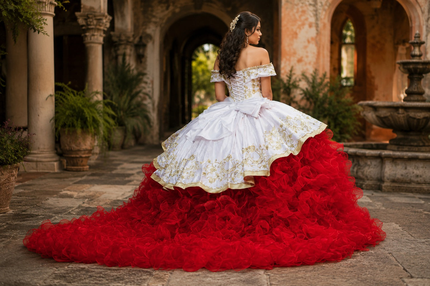 Vestido de Quinceañera Blanco y Rojo con Bordado Dorado y Falda de Olanes ID600492-XV020