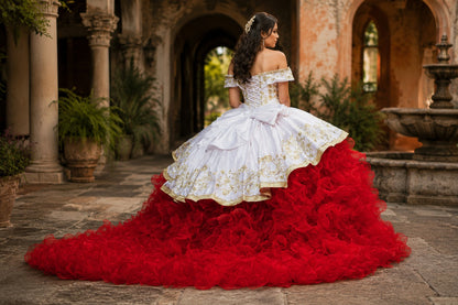 Vestido de Quinceañera Blanco y Rojo con Bordado Dorado y Falda de Olanes ID600492-XV020