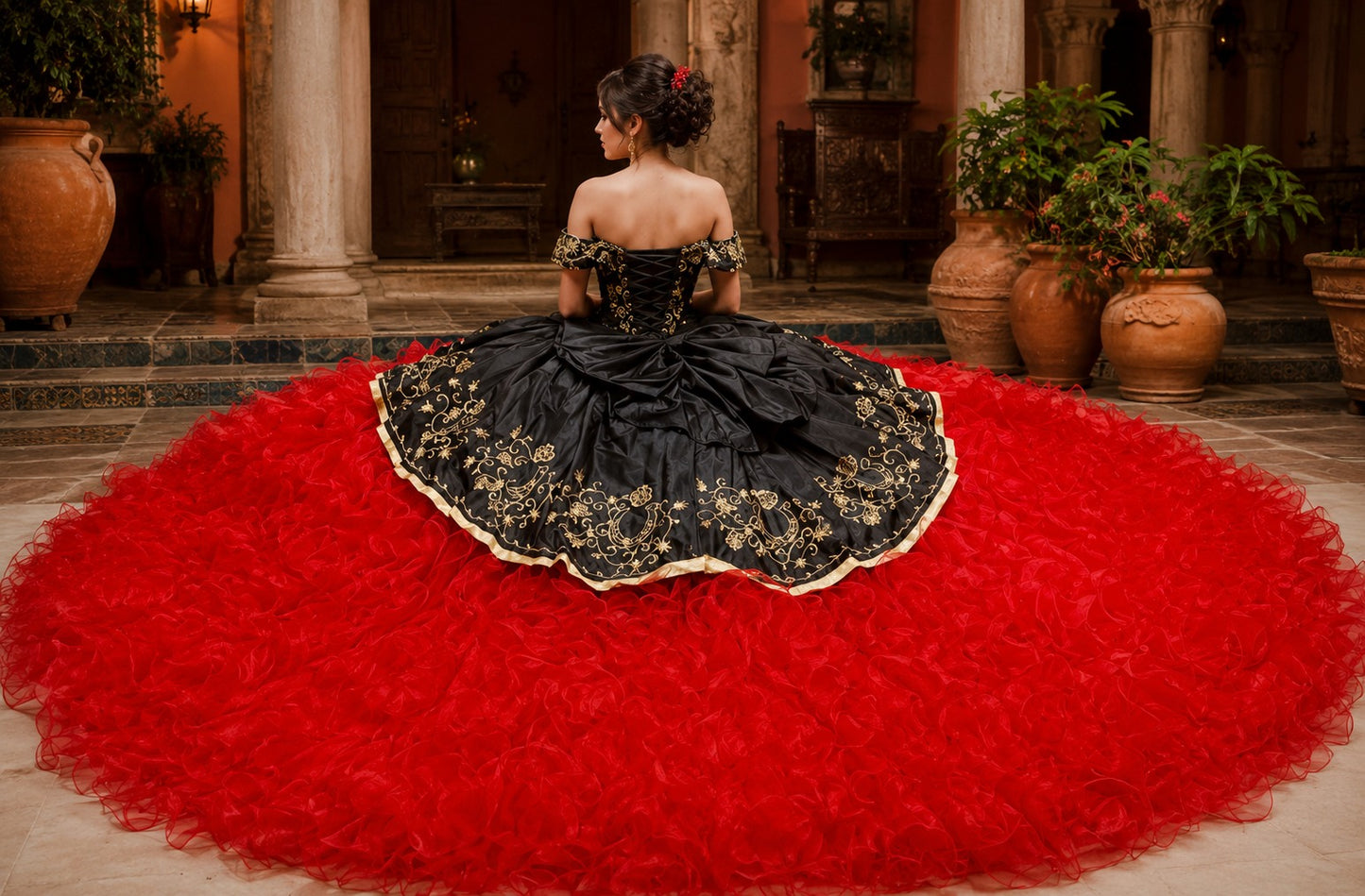 Vestido de Quinceañera Negro y Rojo con Bordado Dorado y Falda de Olanes ID600492-XV021