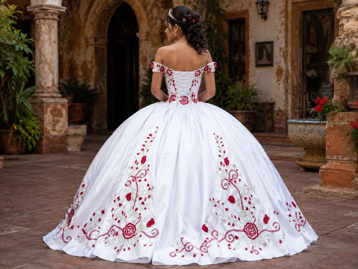 Vestido de Quinceañera Blanco con Bordado Floral Rojo ID600492-XV022