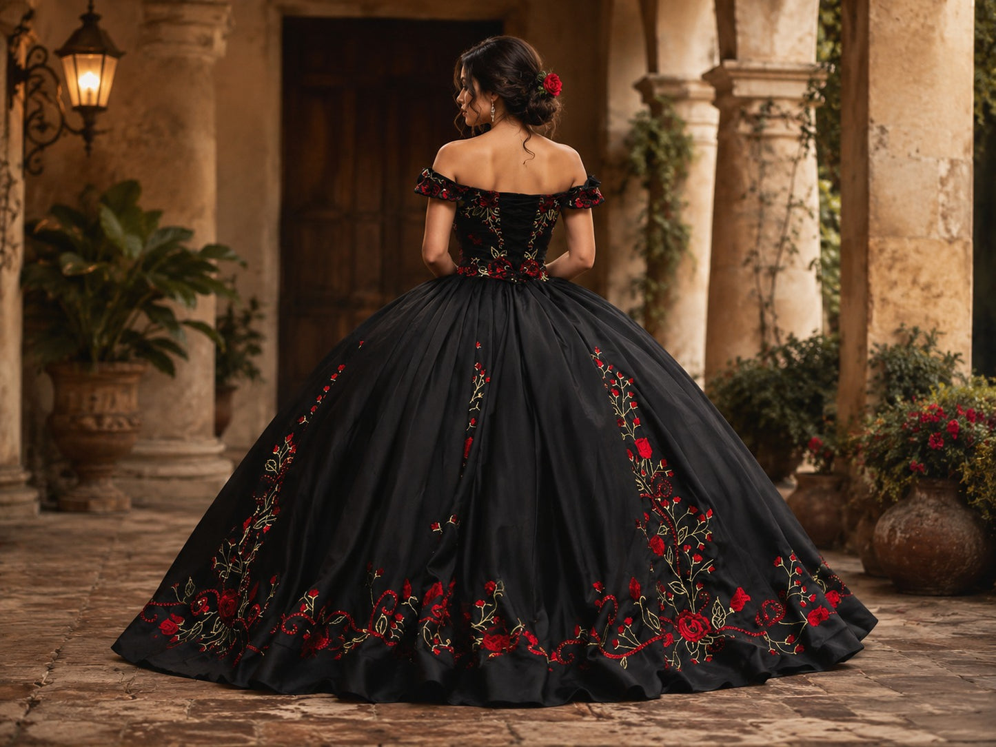Vestido de Quinceañera Negro con Bordado Floral Rojo ID 600492-XV023