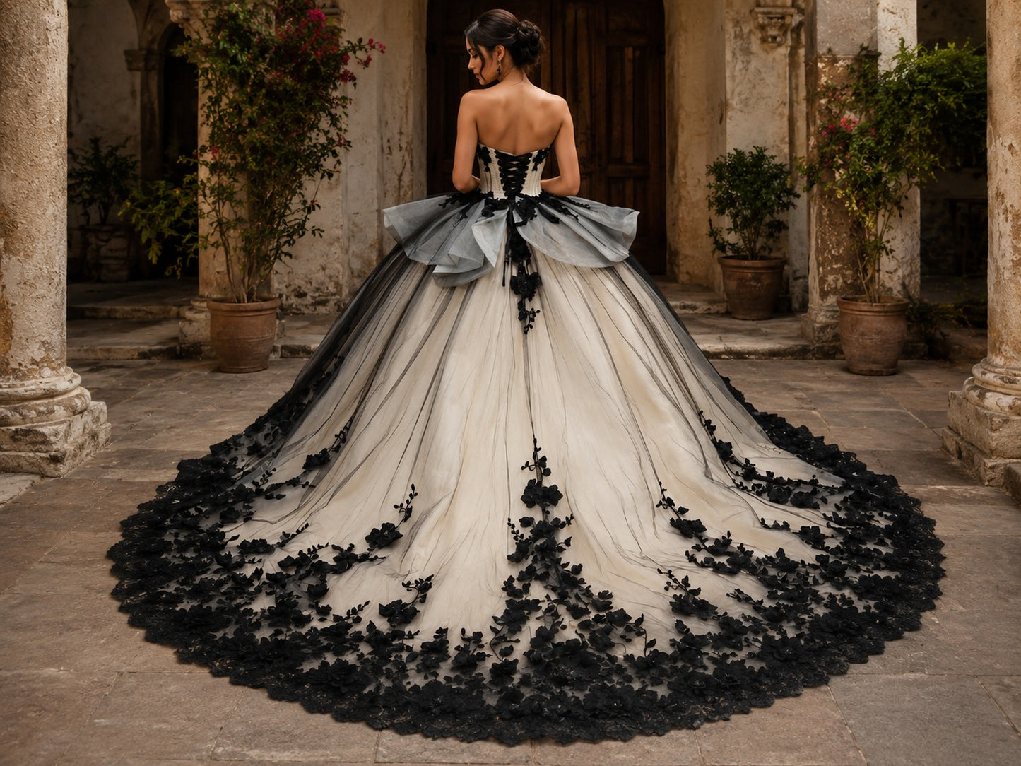 Vestido de Quinceañera Gris Humo con Aplicaciones Florales Negras ID600492-XV025