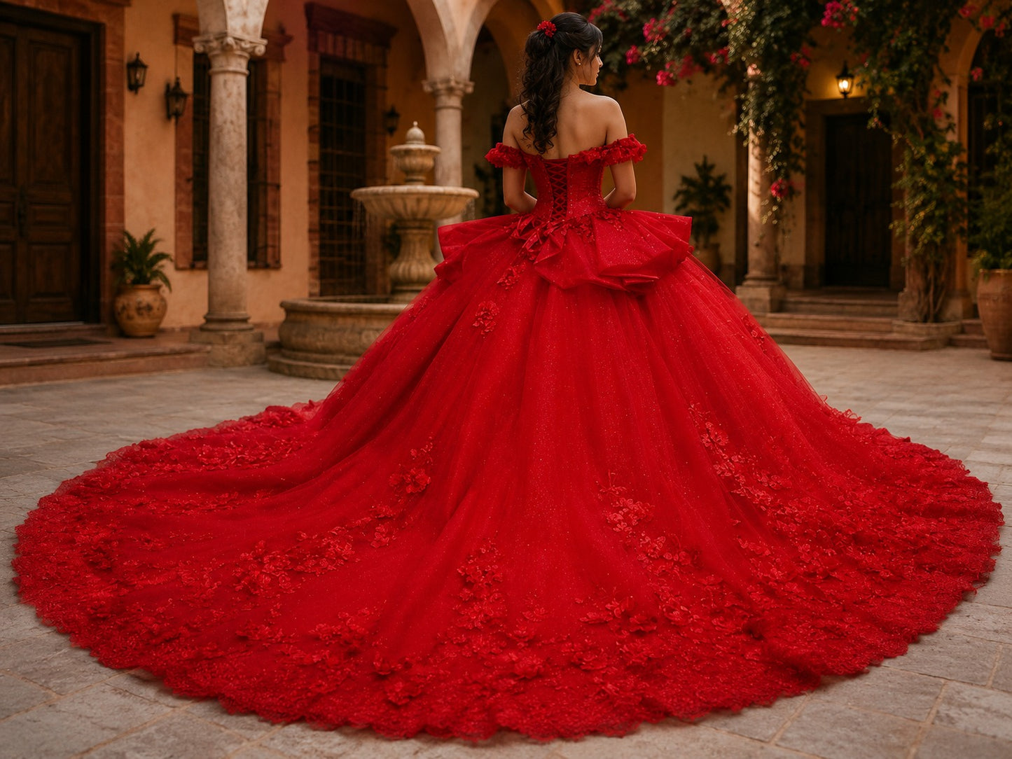 Vestido de Quinceañera Rojo con Aplicaciones Florales ID:600492-XV027