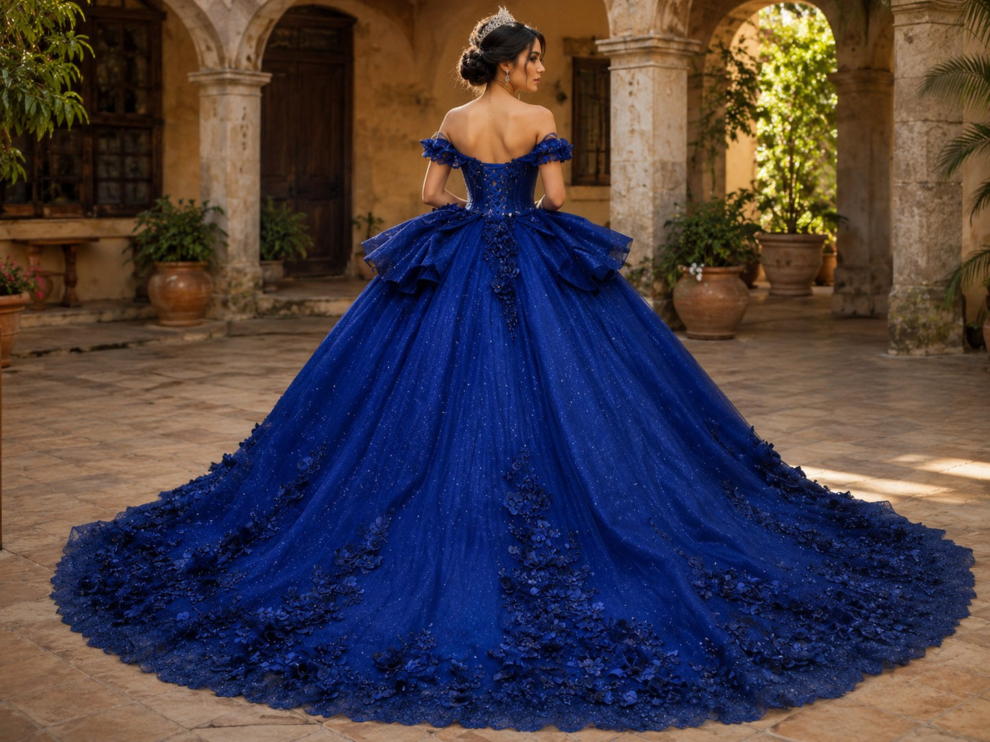 Vestido de Quinceañera Azul Marino con Aplicaciones Florales ID:600492-XV030