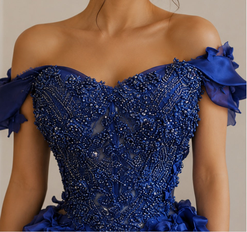 Vestido de Quinceañera Azul Marino con Aplicaciones Florales ID:600492-XV030