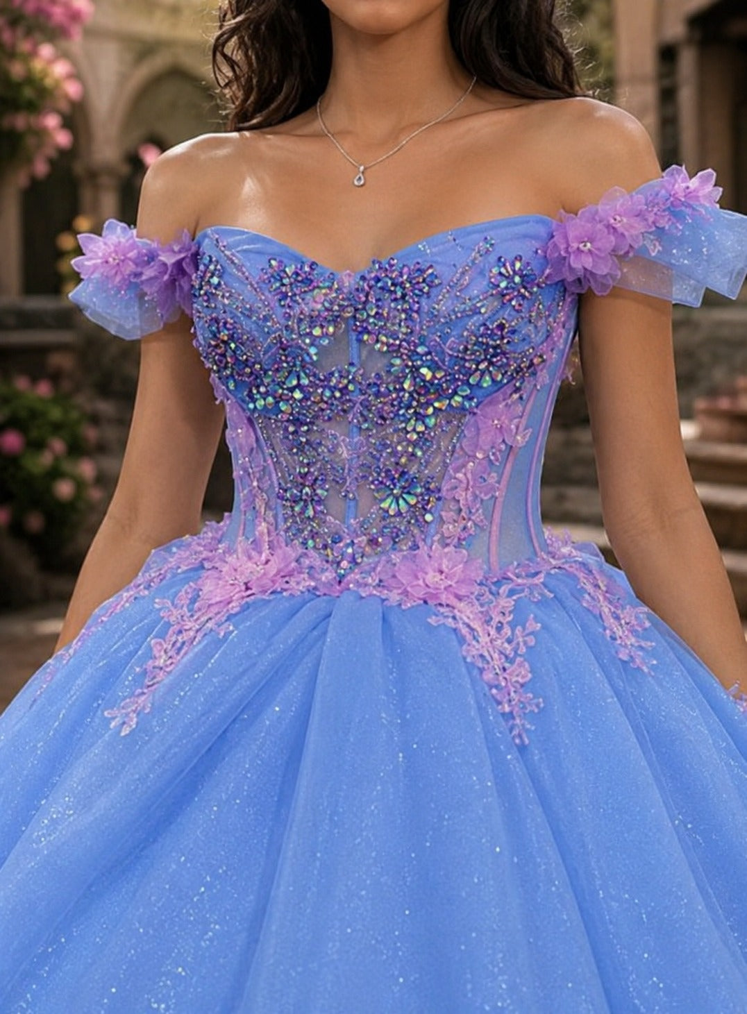 Vestido de Quinceañera Azul Cielo con Aplicaciones Florales Rosas ID600492-XV033
