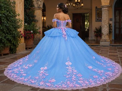 Vestido de Quinceañera Azul Cielo con Aplicaciones Florales Rosas ID600492-XV033