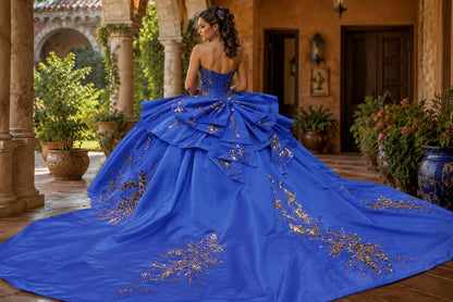Vestido de Quinceañera Azul Rey con Bordado Dorado y Diseño Asimétrico ID600492-XV034