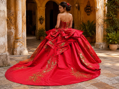Vestido de Quinceañera Rojo con Bordado Dorado y Diseño Asimétrico ID600492-XV035