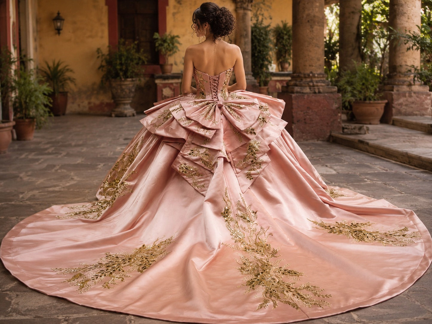 Vestido de Quinceañera Rosa Blush con Bordado Dorado y Diseño Asimétrico ID600492-XV036
