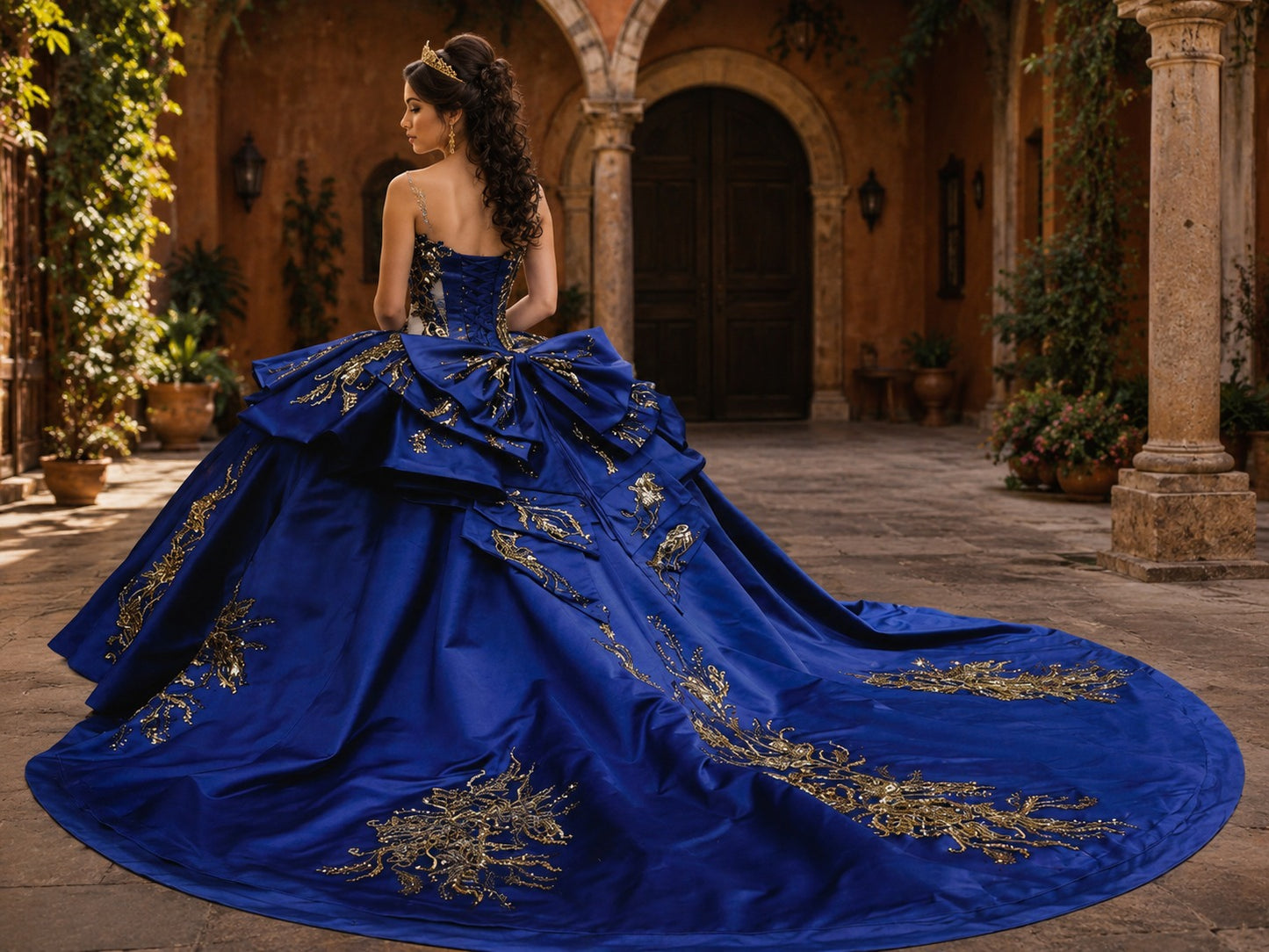 Vestido de Quinceañera Azul Rey con Bordado Dorado y Diseño de Un Hombro ID600492-XV037