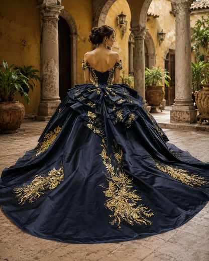 Vestido de Quinceañera Azul Marino con Bordado Dorado y Diseño de Un Hombro ID600492-XV039