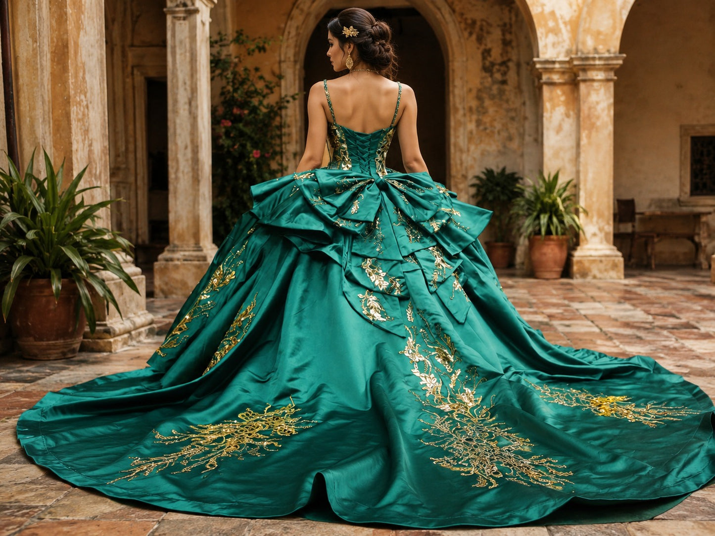 Vestido de Quinceañera Verde Esmeralda con Bordado Dorado y Diseño de Un Hombro ID600492-XV040