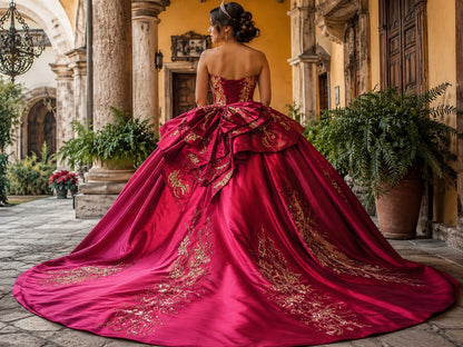 Vestido de Quinceañera Fucsia con Bordado Dorado y Diseño de Un Hombro ID600492-XV041