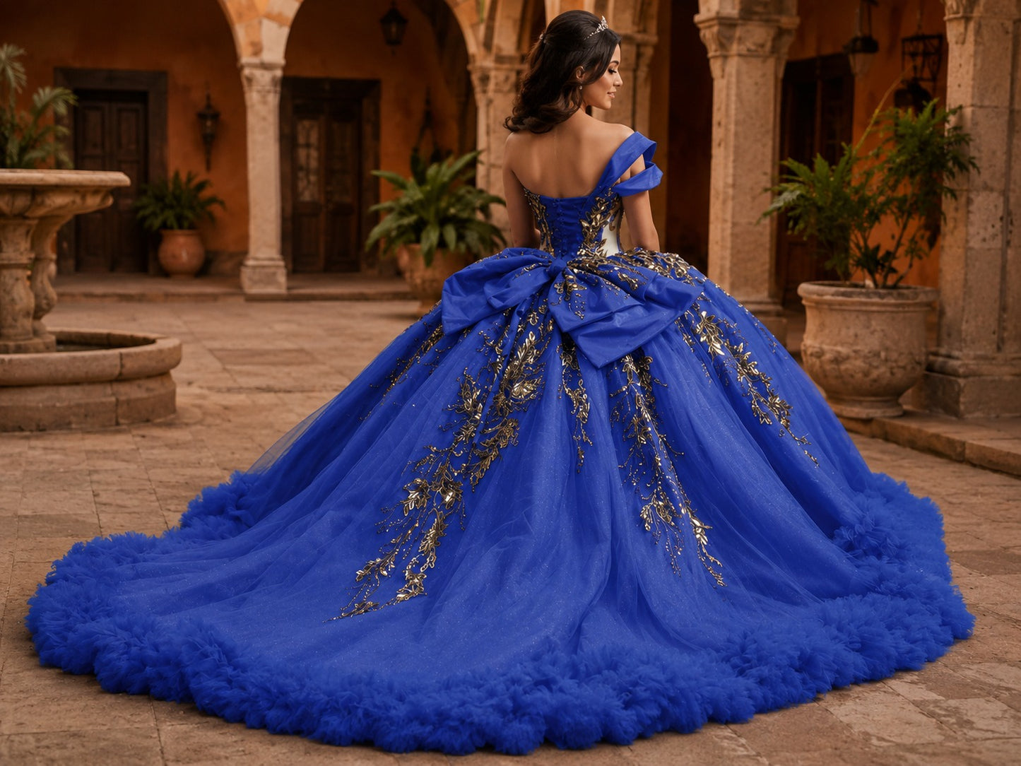 Vestido de Quinceañera Azul Rey con Bordado Dorado y Detalle Floral en Falda ID600492-XV043