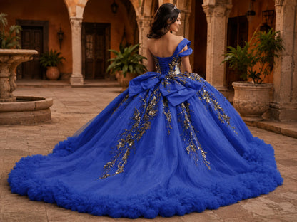 Vestido de Quinceañera Azul Rey con Bordado Dorado y Detalle Floral en Falda ID600492-XV043