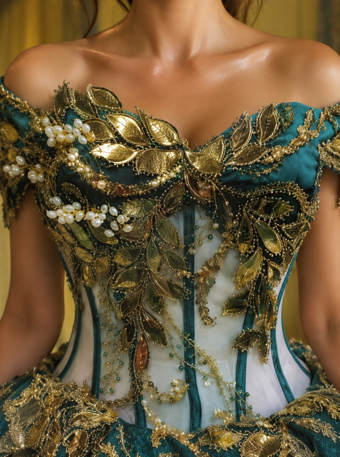 Vestido de Quinceañera Verde Esmeralda con Bordado Dorado y Detalle Floral en Falda I600492-XV044