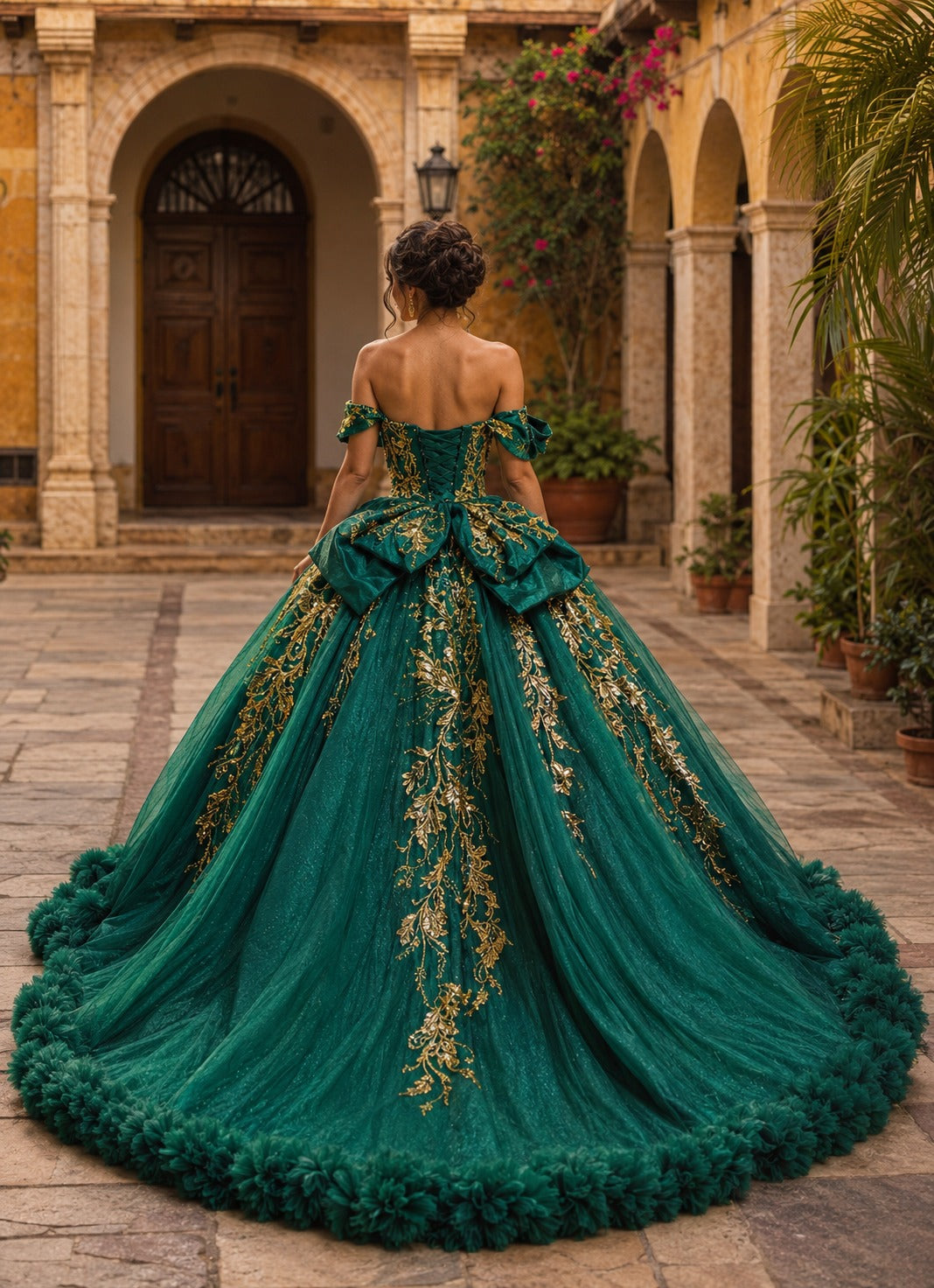 Vestido de Quinceañera Verde Esmeralda con Bordado Dorado y Detalle Floral en Falda I600492-XV044