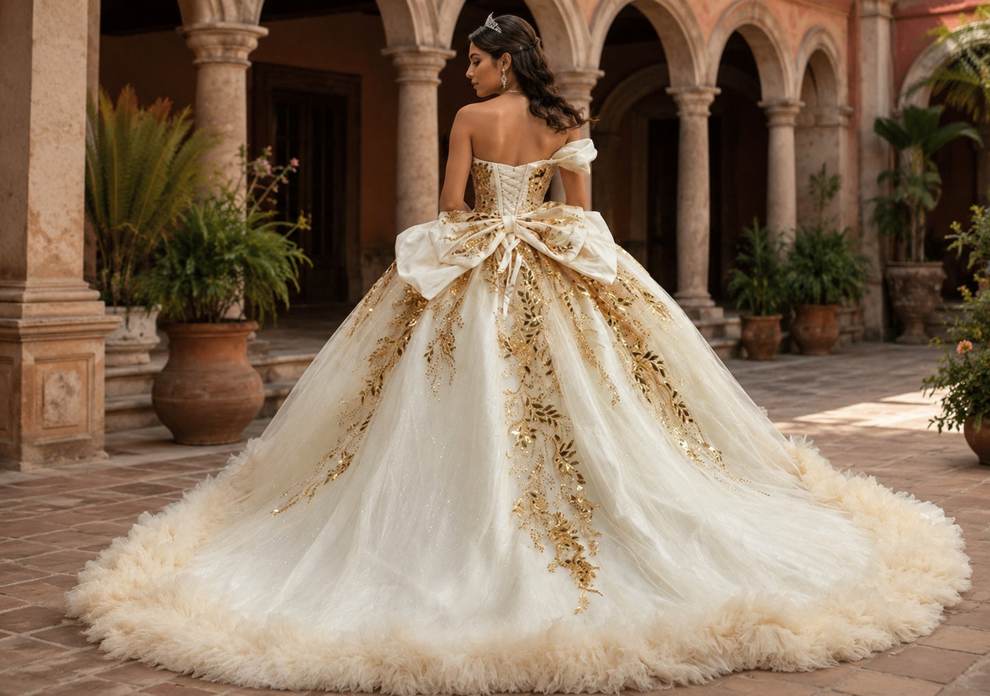 Vestido de Quinceañera Champagne con Bordado Dorado y Detalle Floral en Falda ID600492-XV045
