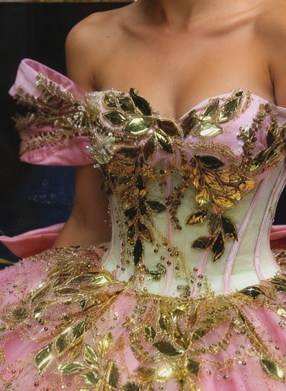 Vestido de Quinceañera Rosa con Bordado Dorado y Detalle Floral en Falda ID600492-XV047