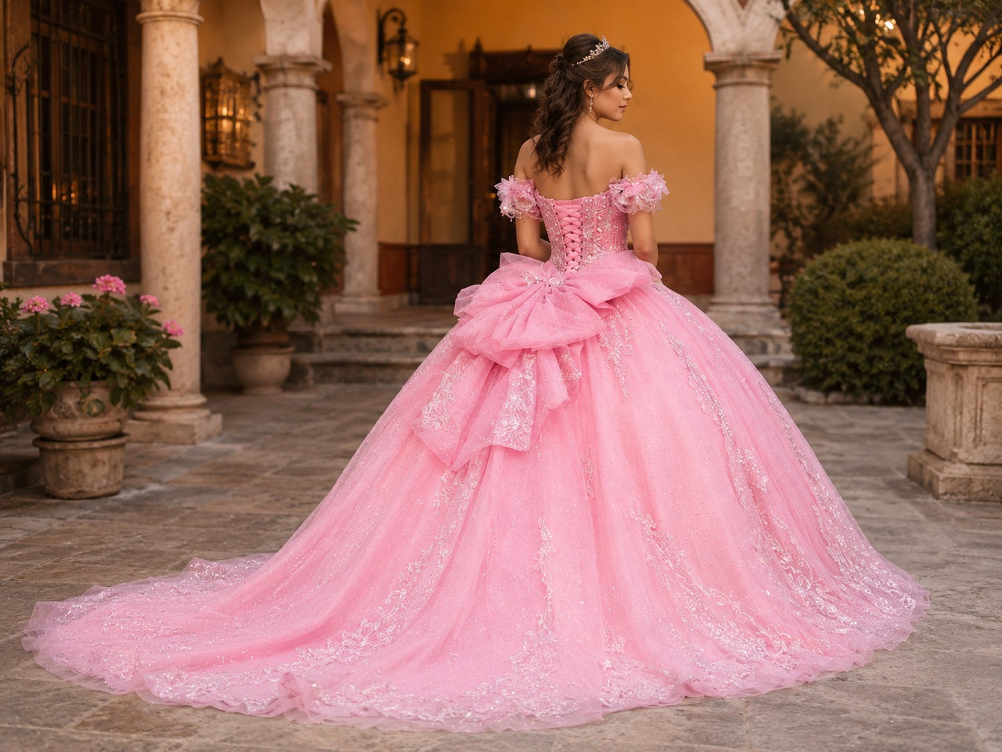 Vestido de Quinceañera Rosa con Bordado Brillante y Hombros Descubiertos ID600492-XV053