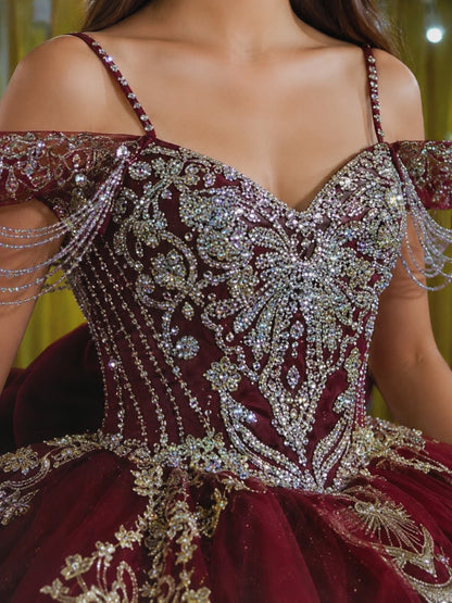 Vestido de Quinceañera Vino con Bordado Dorado y Hombros Descubiertos ID600492-XV054