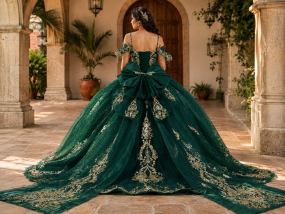 Vestido de Quinceañera Verde Esmeralda con Bordado Dorado y Hombros Descubiertos ID600492-XV055