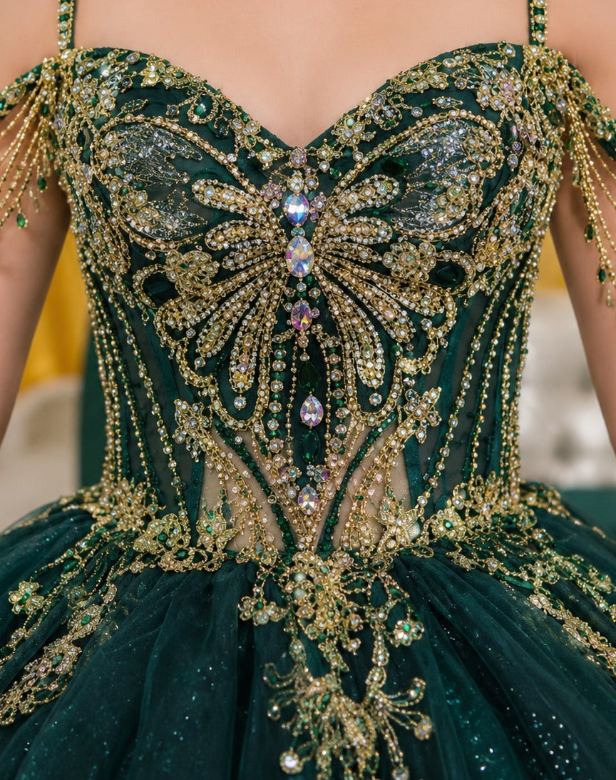 Vestido de Quinceañera Verde Esmeralda con Bordado Dorado y Hombros Descubiertos ID600492-XV055