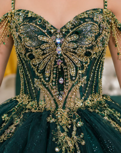 Vestido de Quinceañera Verde Esmeralda con Bordado Dorado y Hombros Descubiertos ID600492-XV055