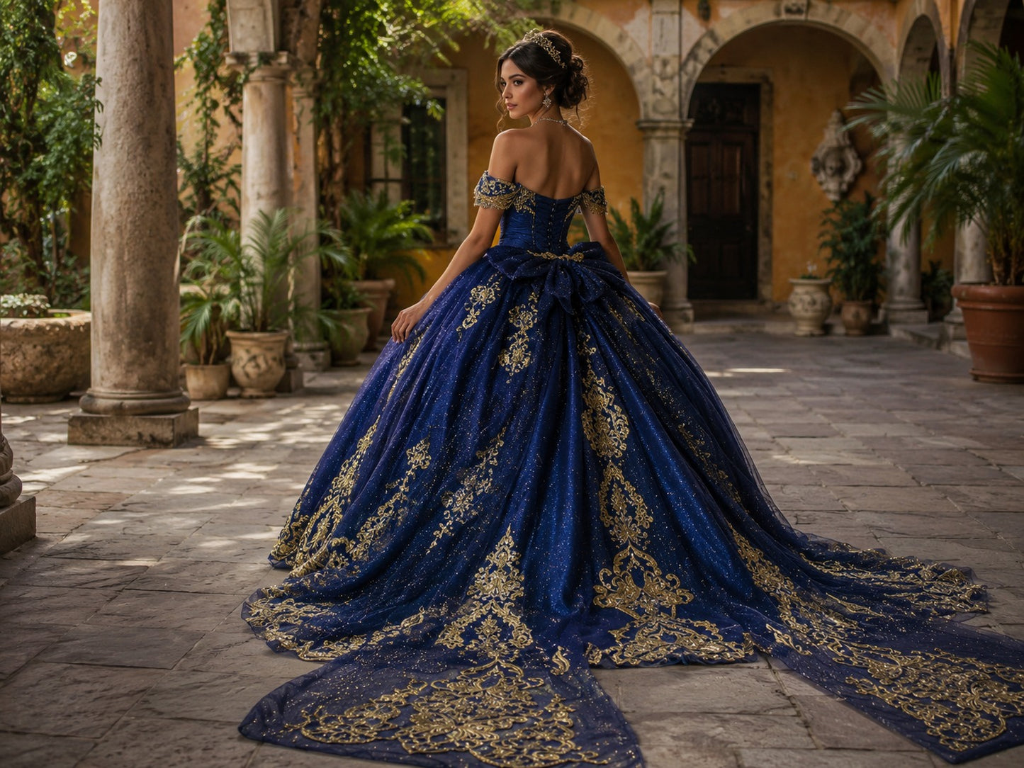 Vestido de Quinceañera Azul Marino con Bordado Dorado y Hombros Descubiertos ID600492-XV057