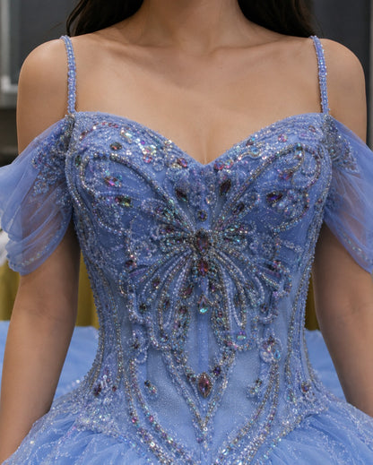 Vestido de Quinceañera Azul Cielo con Bordado Brillante y Hombros Descubiertos ID600492-XV058