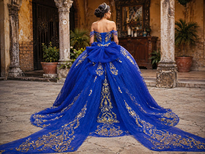 Vestido de Quinceañera Azul Rey con Bordado Dorado y Hombros Descubiertos ID600492-XV059