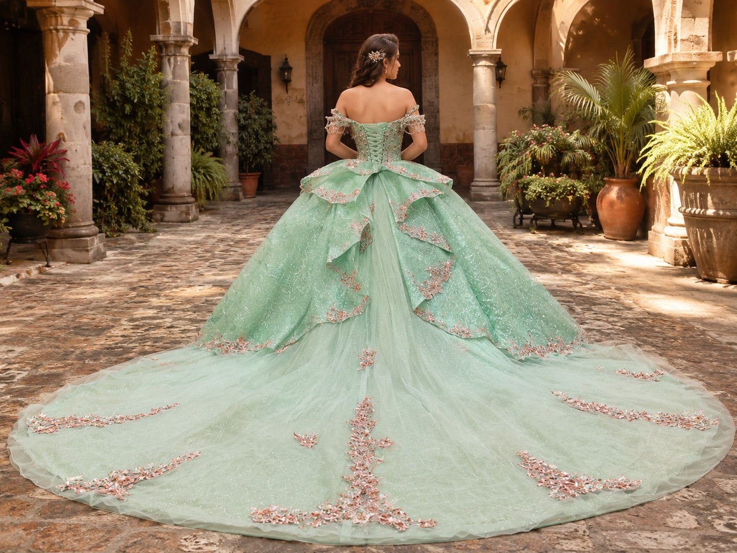 Vestido de Quinceañera Verde Menta con Bordado Brillante y Hombros Descubiertos ID600492-XV060