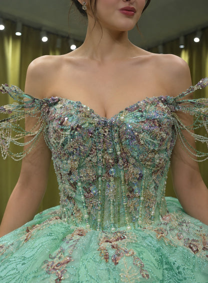 Vestido de Quinceañera Verde Menta con Bordado Brillante y Hombros Descubiertos ID600492-XV060