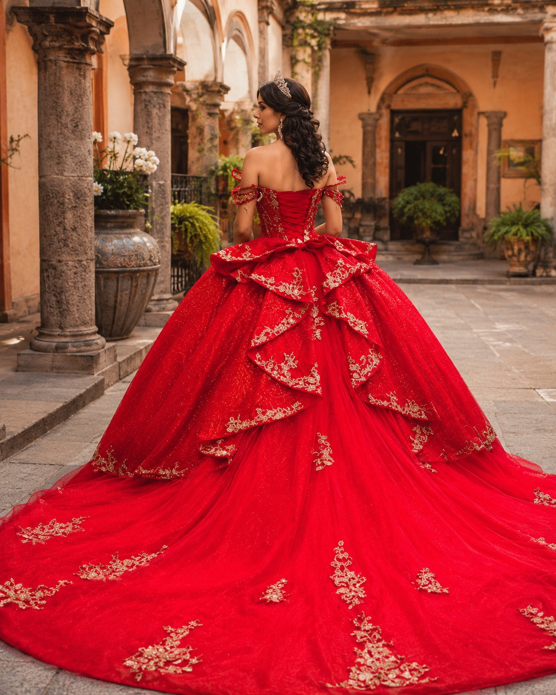 Vestido de Quinceañera Rojo con Brillo y Hombros Descubiertos ID600492-XV062