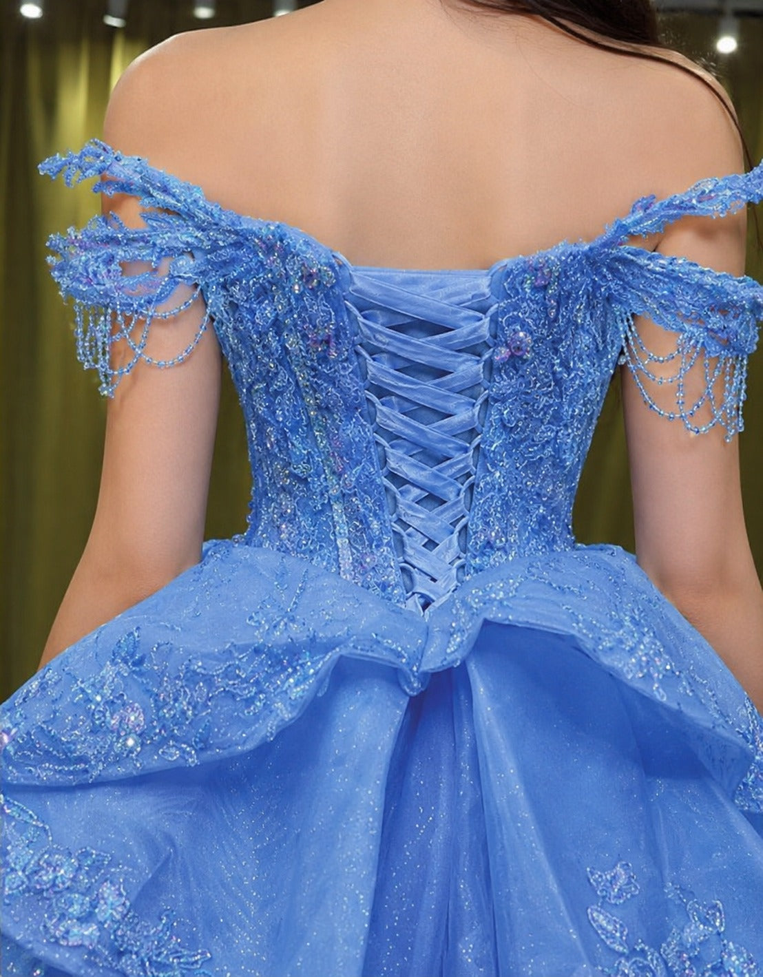 Vestido de Quinceañera Azul Cielo con Brillo y Hombros Descubiertos ID600492-XV063