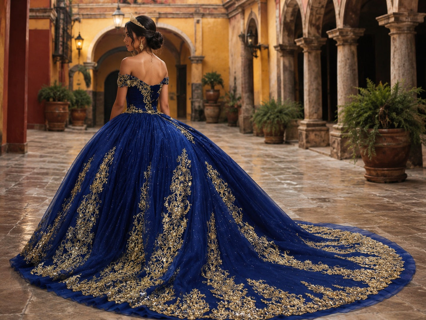 Vestido de Quinceañera Azul Rey con Bordado Dorado y Hombros Descubiertos ID600492-XV064